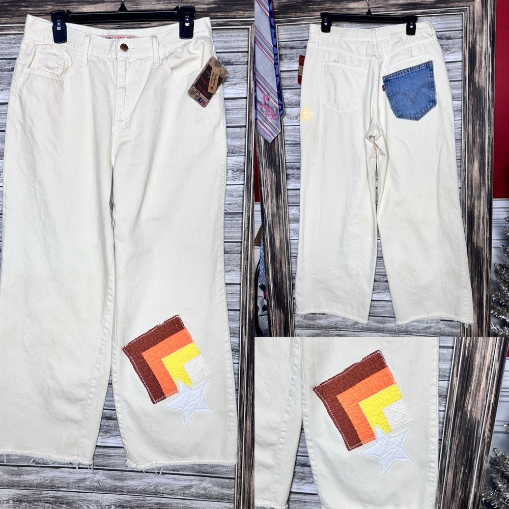 UpCycled Recycled Reworked Loose Wide Leg Cream Denim Jeans Vintage Quilt Levi